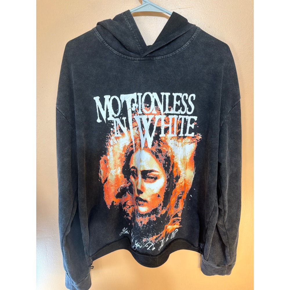 Motionless In White Cropped Hoodie Washed Black Graphic Band Pullover Small